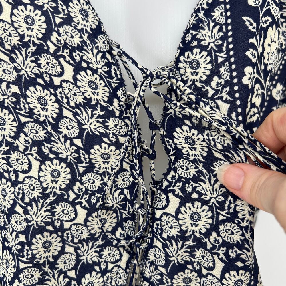 Gypsy 05 Romper Large Navy Blue White Mixed Print Floral Lace Up Beaded NEW BOHO - Picture 6 of 8